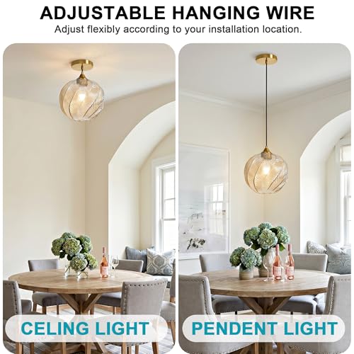 Amber Glass Pendant Lights Kitchen Island Gold Hanging Ceiling Light 9.84"