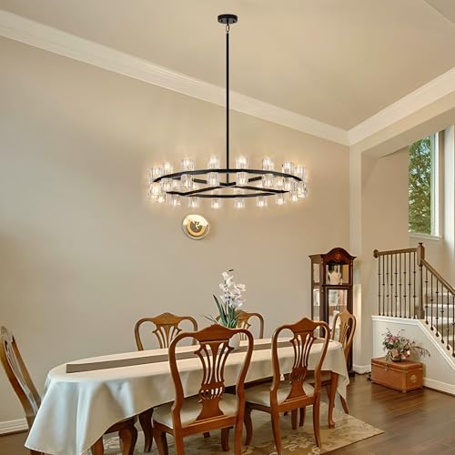 36 Inch Black Wagon Wheel Chandelier with Crystal Shades