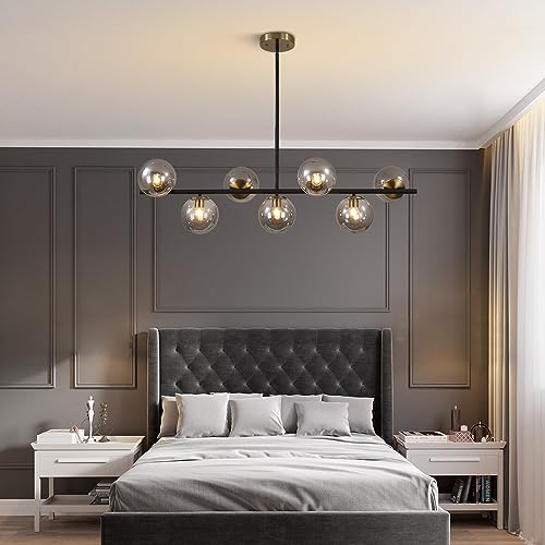 7 Light Mid Century Modern Black Brass Gold Linear Sputnik Chandelier