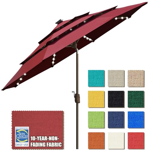USA 10-Year-Non-Fading 9ft 3-Tier Market Patio Umbrella, Commercial Table Umbrella with 80 Solar LED Lights, Crank Open, Windproof & UPF 50+ UV Protection for Garden, Deck, Pool, Backyard, Burgundy