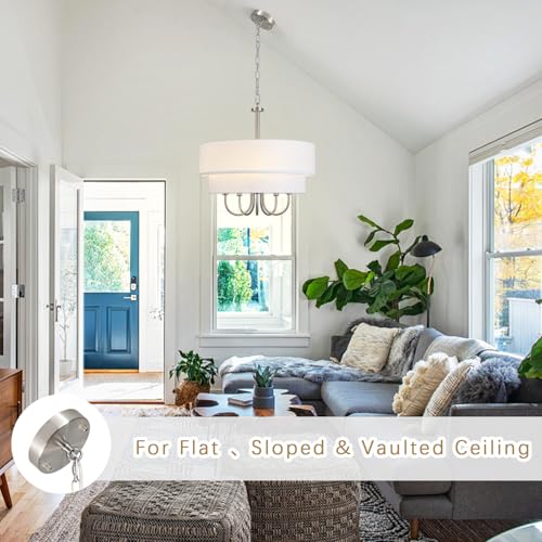 Modern Drum Chandeliers for Dining Room Light Fixture 5 Light Brushed Nickel Chandelier with Shades Contemporary Farmhouse Hanging Large Pendant Lighting for Kitchen Island Living Room Entryway Foyer