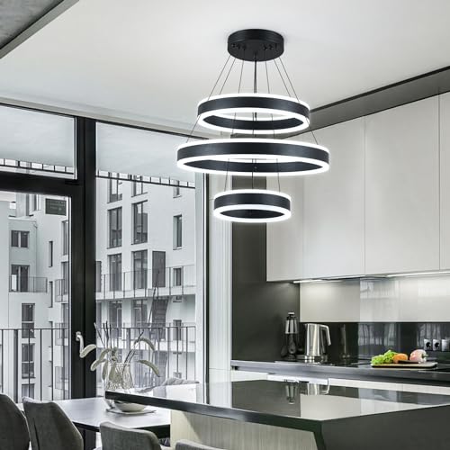 Modern LED Chandeliers Adjustable Hanging Black Pendant Light Fixture 3 Ring Flush Mount Chandeliers for Bedroom