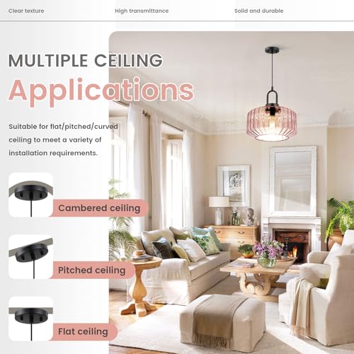 Pink Pendant Lights Fixture Mid Century Modern Pendant Lighting Large Glass Globe Shade Adjustable Cord Pendant Light Vintage Ceiling Hanging Lights for Dining Room Kitchen Island
