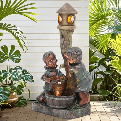 AUTODAYA 31" Boy and Girl Outdoor Fountain LED 3