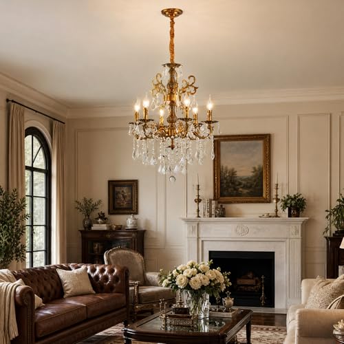 Vintage 6 Arms Crystal Chandelier Candle Light Fixture for Dining Room Living Room Bedroom Hallway Entryway Antique Gold Finish