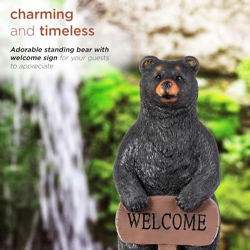 36" Tall Outdoor Standing Black Bear with Welcome Sign Yard Statue Decoration