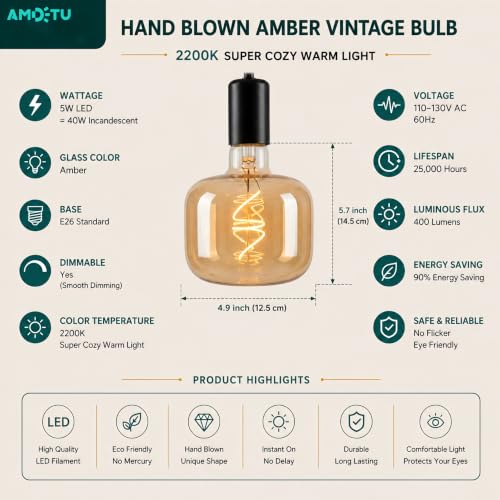 Large Amber Glass Edison LED Dimmable 2200K Vintage E26 5W