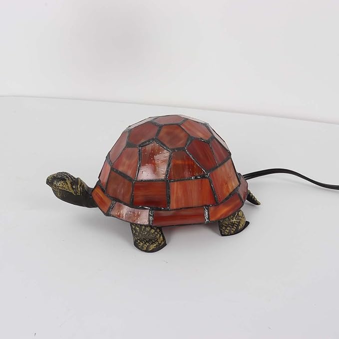 Bieye L10721 Tortoise Tiffany Style Stained Glass Accent Table Lamp for Home Decor (Dark Red)