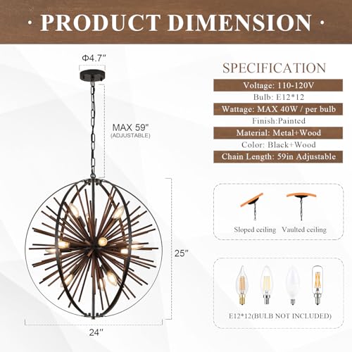 24" 12 Light Black Sputnik Chandelier Solid Wood Hanging Light