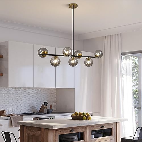 7 Light Mid Century Modern Black Brass Gold Linear Sputnik Chandelier