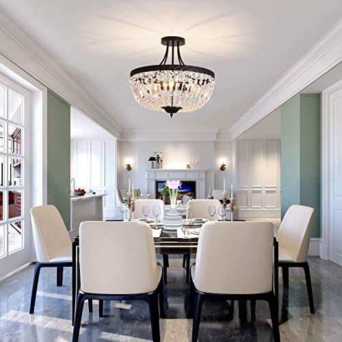 5 Light E12 Round Crystal Ceiling Light Fixture Modern Semi Flush Mount Chandelier Ceiling Lamp for Living Room Dining Room Entryway Hallway Foyer Bedroom Laundry Bathroom（Black）