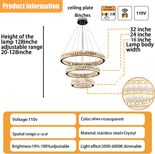 3 Rings Crystal Chandeliers 32"+24"+16" Crystal Ceiling Light Fixture Pendant Lighting Hanging Lamp for Living Room LED Dimmable 3000