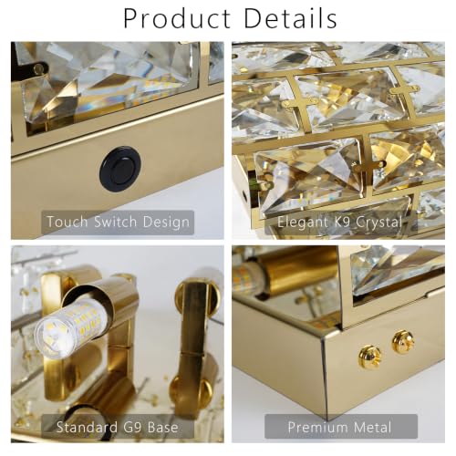 Gold K9 Crystal Wall Sconce with Touch Switch for Bedroom