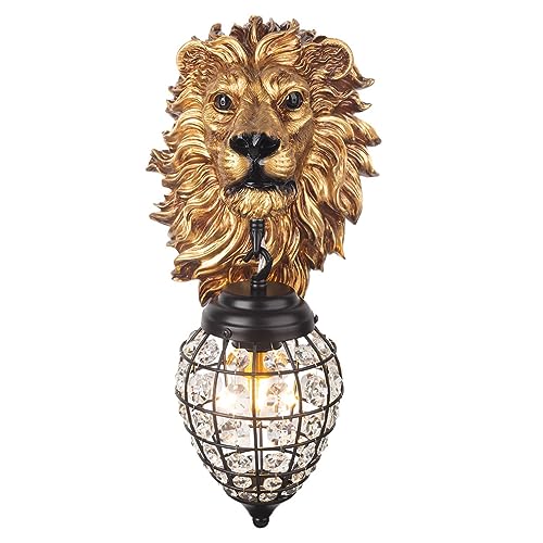 Gold Lion Head & Black Crystal Wall Sconce