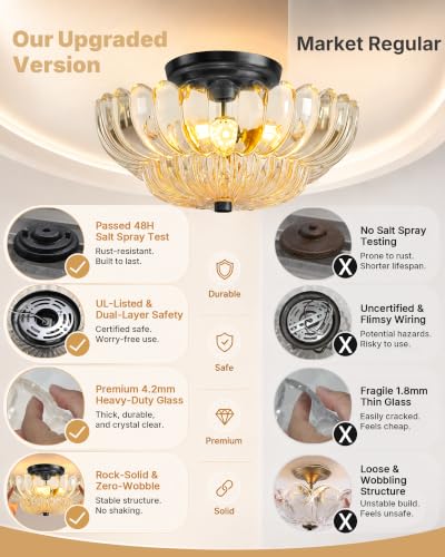 Semi Flush Mount Ceiling Light Fixture 11.8" Vinatge Black Ceiling Lights Mid Century Modern Clear Glass Close to Ceiling Lighting Fixtures for Bedroom Hallway Foyer Bathroom Kitchen Entryway
