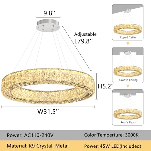 32 Inch Chandelier Glam Dimmable LED Crystal Chandeliers Luxury Round Pendant Lighting Fixtures for Dining Room Bedrooms Silver