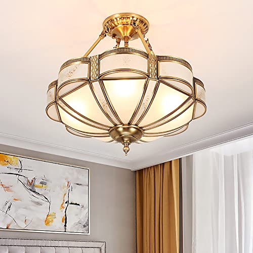 Brass Semi Flush Mount Ceiling Light Fixture with Ceramic Light Socket