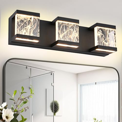 Modern LED Bathroom Lights Over Mirror 15W 3 Lights LED Vanity Light Bar with Unique Smoke Acrylic Panel Black Bathroom Wall Light Fixtures for Bath Powder Room