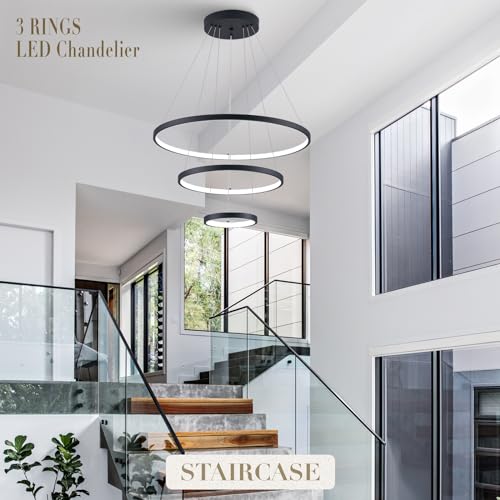 Modern LED Chandeliers 3 Rings Black Chandelier Dimmable LED Pendant Light Fixture Remote Control Contemporary Flush Mount Chandelier for Dining Room Bedroom Foyer