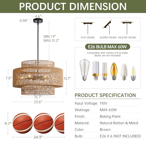 24" Rattan Chandelier for Dining Room
