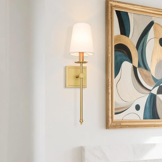 XiNBEi Lighting Brass Wall Sconces Set of 2 Modern Gold Sconce Light Fixture with Fabric Shade Wall Lamp for Bathroom Bedroom Corridor & Living Room XB-W1307-WBS