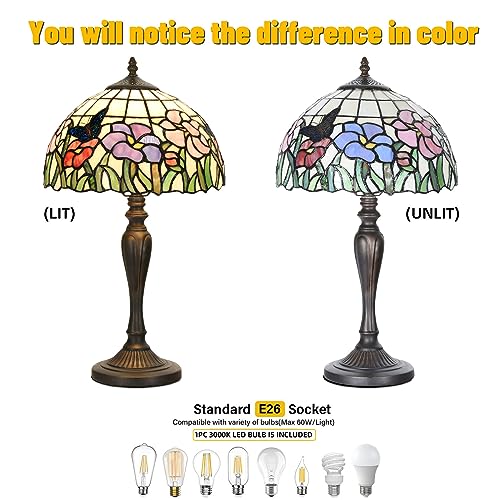 TL0001 Tiffany Table Lamp Handmade Stained Glass Flowers Butterfly Design Lampshade Reading Desk Light 12X21.5 Inches for Bedroom Living Room Home Office