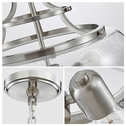 Chandelier Rustic Farmhouse Industrial Round Ceiling Pendant LED Light Fixture Clear Seeded Glass Shade for Dining Room Kitchen Island Foyer Entryway