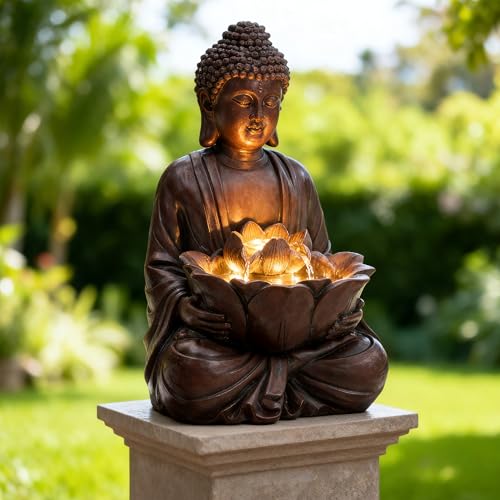 AUTODAYA 18.9" H Buddha Statue Outdoor Water Fountain with Warm LED Lights