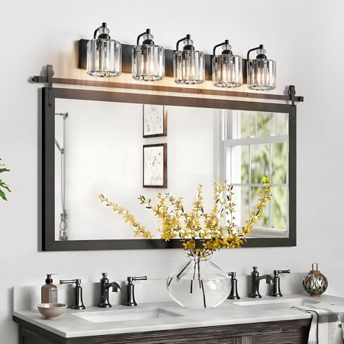 5 Light Black Bathroom Light Fixtures Over Mirror Modern Vanity Lights Crystal Wall Sconce Vintage Bathroom Lighting with Crystal Shade E26 Base for Bedroom