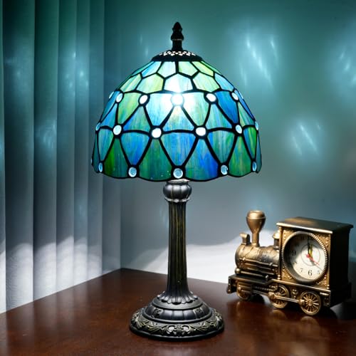 Tiffany Style Stained Glass Table Lamp Blue Small Table Lamp Bedroom Bedside Lamp Living Room Dining Room Office Decoration Desk Lamp Home Decoration Creative Gift Scene Props