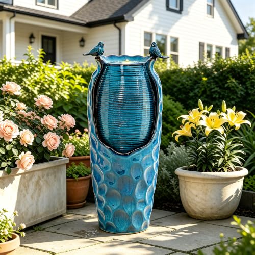 Autodaya 33" Vase Ceramic Outdoor Water Fountain with Lights and Birds