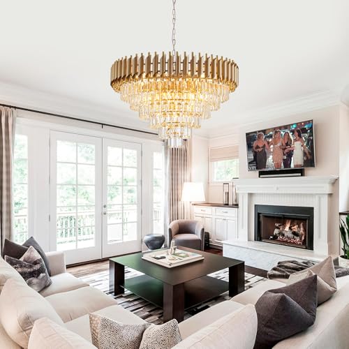 Large Crystal Chandelier 30" Modern Hanging Crystal Pendant