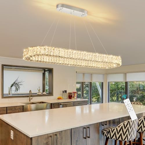 Modern Oval Chandelier Rectangular K9 Crystal Chandeliers for Dining Room Dimmable LED Light Fixture with Remote for Living Room Kitchen Light Silver