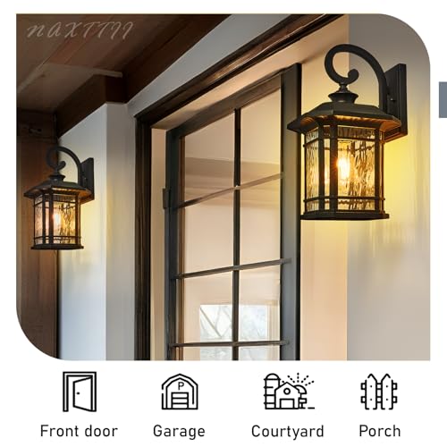 Outdoor Wall Lights Garage Outdoor Light Fixtures Waterproof Porch Light with Water Ripple Glass Black Finish E26 Socket Max 60W