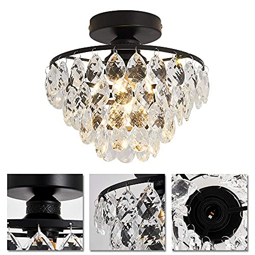 Modern Small Crystal Ceiling Light Fixture Mini Black Semi Flush Mount Chandelier Light Fixture for Hallway Bedroom Bathroom Closet e26