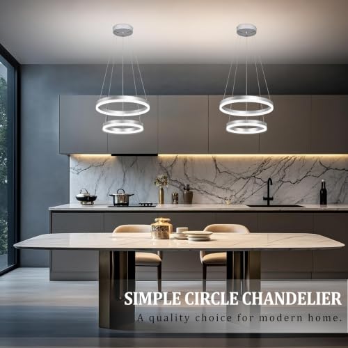 Modern Nickel Led Chandelier 2 Rings Dimmable LED Chandeliers with Remote Control Light Fixture for Kitchen Island Height Adjustable Chandelier Led Pendant Light for Living Room Dining Room