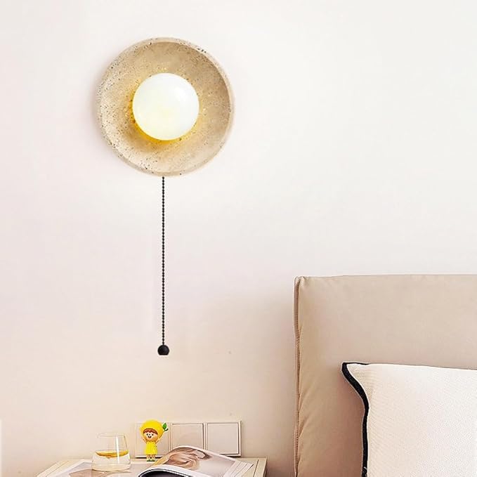 Japanese Wabi-Sabi Style Marble Wall Sconce, Retro Round Wall Light Yellow Travertine Indoor Wall Lamp, Natural Stone Wall Mounted Lamps with Pull Switch for Bedroom Living Room