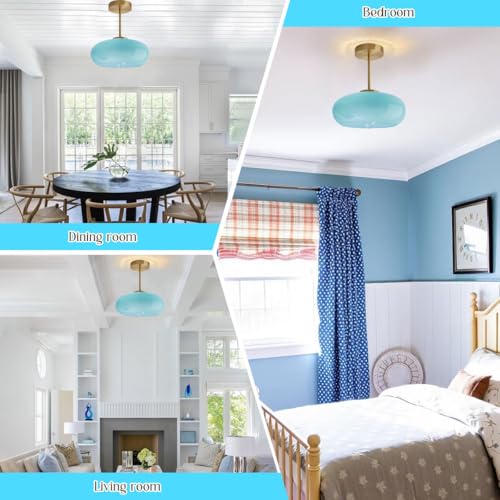 Semi Flush Mount Ceiling Light Blue Glass Ceiling Lights 11" Large Globe Shade Vintage Brushed Gold Brass Flush Mount Lamp Modern Close to Light Fixture for Hallway Bedroom Entrance