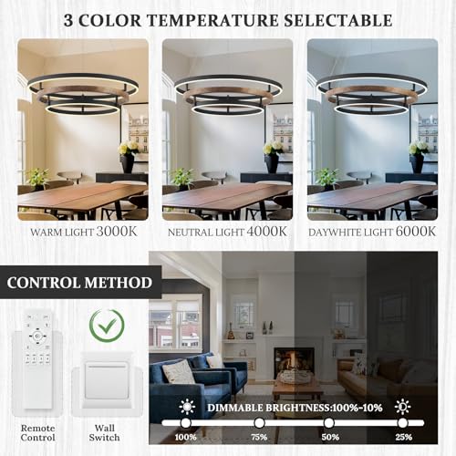 Modern LED Chandelier Black Wood Dimmable 3 Ring Foyer Entry Chandeliers