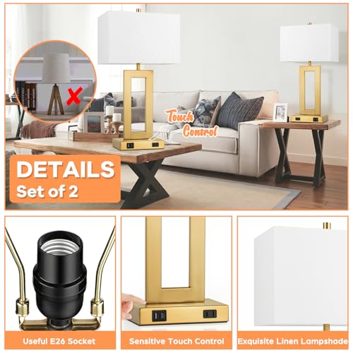 28" Gold Modern Touch Control Table Lamp Set of 2 with 2 USB Ports (2 Count)