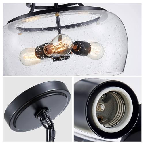 Chandelier Rustic Farmhouse Industrial Round Ceiling Pendant LED Light Fixture Clear Seeded Glass Shade for Dining Room Kitchen Island Foyer Entryway