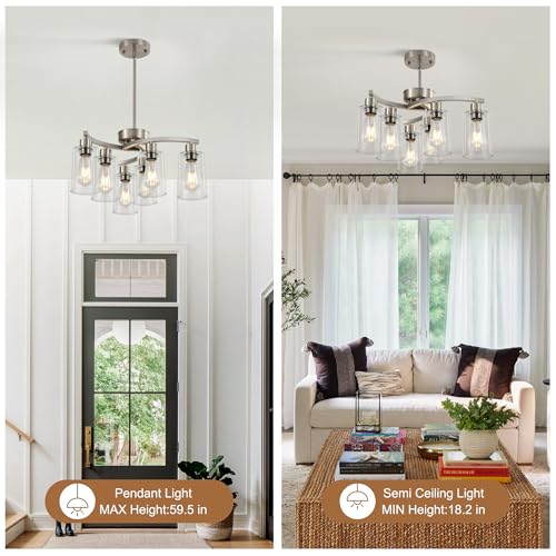 Sigaitwei 6 Light Farmhouse Brushed Nickel Chandelier,21.7" Modern Chandeliers for Dining Room Light Fixtures Over Table,Pendant Lights Kitchen Island,Metal Bracket with Downward Clear Glass Shade
