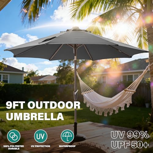 9 FT Outdoor Umbrella with lights pool Umbrella outdoor patio Grey