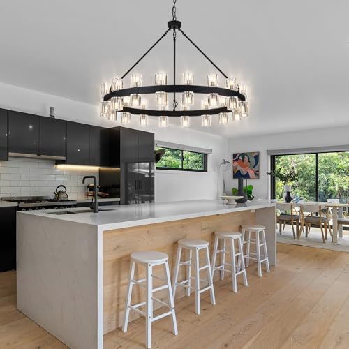 36 Inch Black Wagon Wheel Chandelier with Crystal Shade