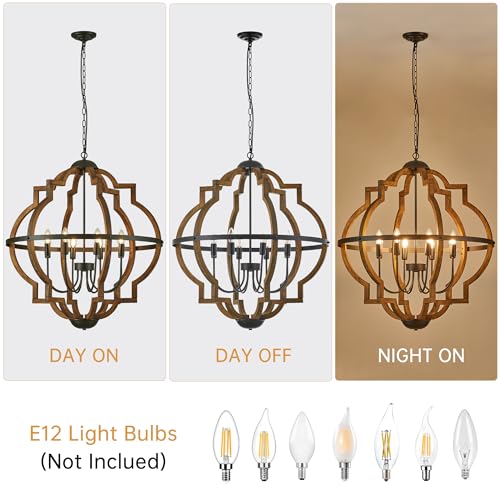 31.96" 8 Light Brown Oak Wood Drum Pendant Light for Dining Room