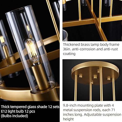 12 Light Brass Round Chandelier 36" Wagon Wheel Chandeliers for Dining Room Light Fixture Clear Glass Tube Chandelier Modern Farmhouse Chandeliers for LivingRoom Foyer