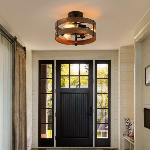 3 Light Rustic Farmhouse Wood Flush Mount Ceiling Light Fixture 12.59 inch Oak Wood and Metal Round Cage Semi Flush Mount Ceiling Light for Hallway Entry Bedroom Kitchen Hall Farmhouse