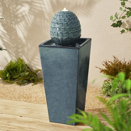 35.75" H Tall Ceramic Outdoor Water Fountain with LED Light Oversized Artichoke Pedestal Fountains with Submersible Pump Patio Fountain Waterfall for Garden Patio Deck Porch
