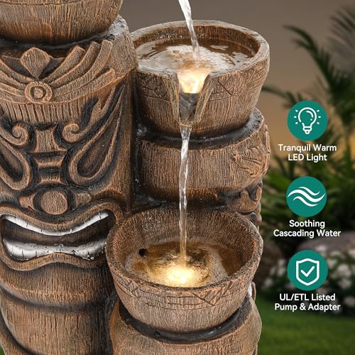 31" H Tiki Statue Outdoor Water Fountain with LED Lights