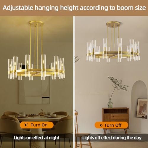 12 Light Brass Round Chandelier 36" Wagon Wheel Chandeliers for Dining Room Light Fixture Clear Glass Tube Chandelier Modern Farmhouse Chandeliers for LivingRoom Foyer